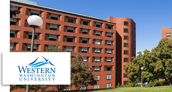 Ourside view of Western Washington University and university logo