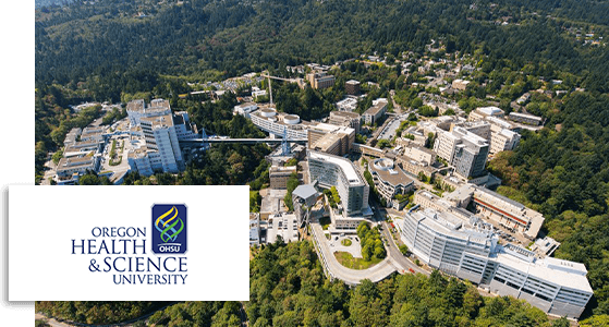 Aerial view of the Oregan Health and Science University and university logo