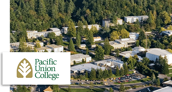 Aerial view of Pacific Union College and university logo